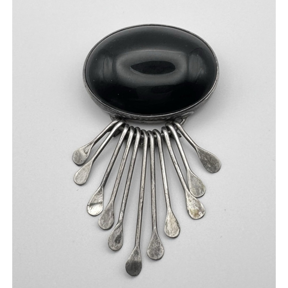 AIS Mexico Sterling Silver Black Onyx Brooch Pendant Fringe Dangles 27.3g